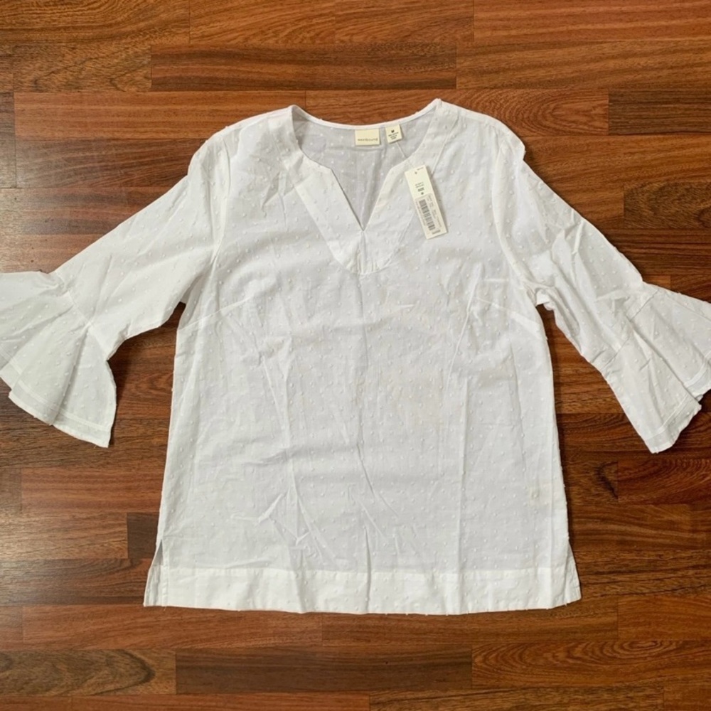 NWT Westbound White V Neck Women Medium 100% Cotton Top 3/4 Length Bell Sleeve